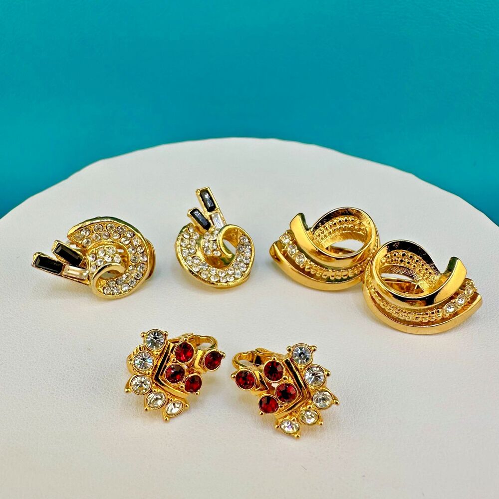 Vintage Rhinestone Earrings Lot of 3 Gold Tone Clip On 2 Signed
